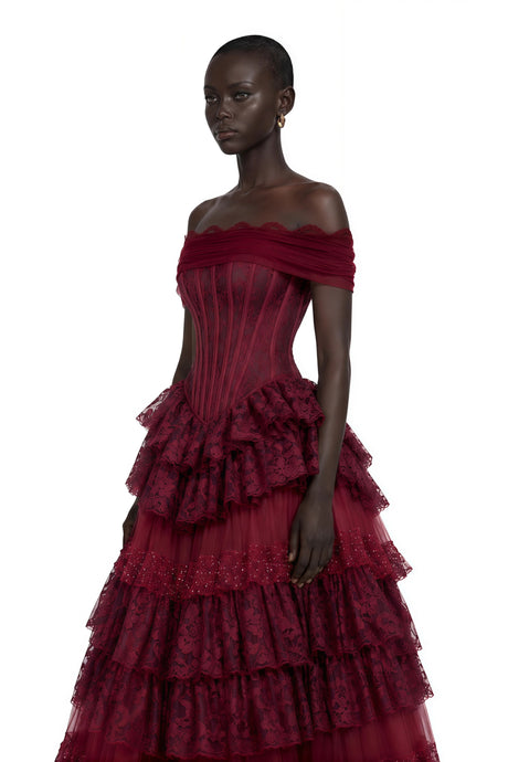 Josephine Maxi Dress Burgundy Floral Lace Tiered