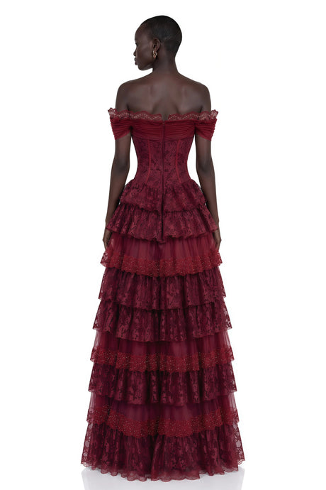 Josephine Maxi Dress Burgundy Floral Lace Tiered