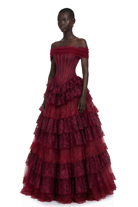 Josephine Maxi Dress Burgundy Floral Lace Tiered