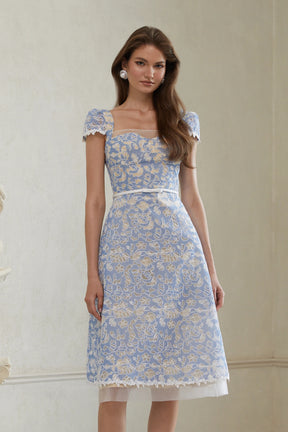 Gaëlle Blue Floral Embroidered Midi Dress