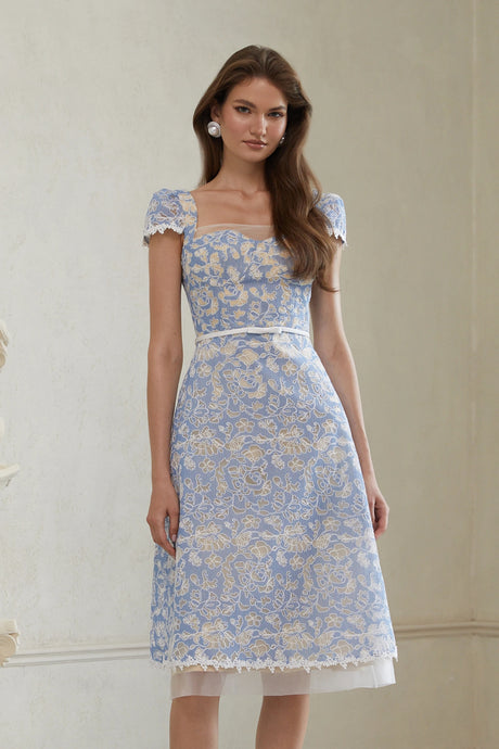 Aubree Midi Dress Blue Floral Embroidered