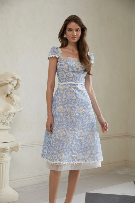 Aubree Midi Dress Blue Floral Embroidered