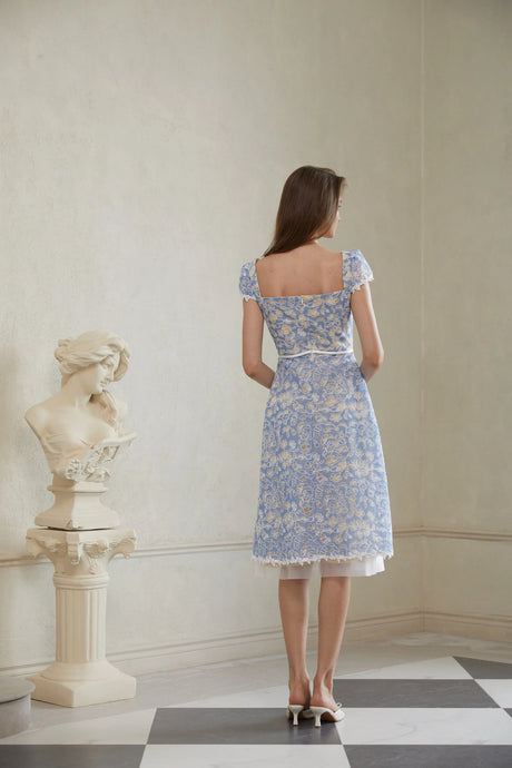 Aubree Midi Dress Blue Floral Embroidered