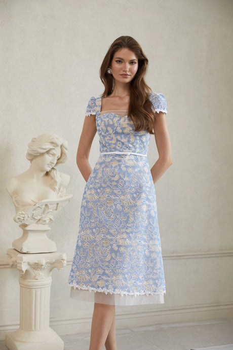 Aubree Midi Dress Blue Floral Embroidered