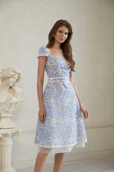Aubree Midi Dress Blue Floral Embroidered