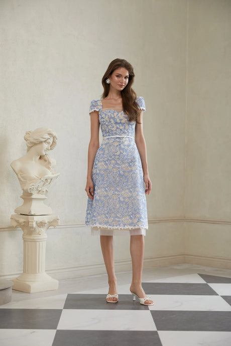 Aubree Midi Dress Blue Floral Embroidered