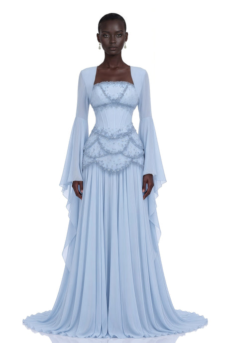 Mckenna Maxi Dress Faux-pearl-embellished Pleated in Light-blue