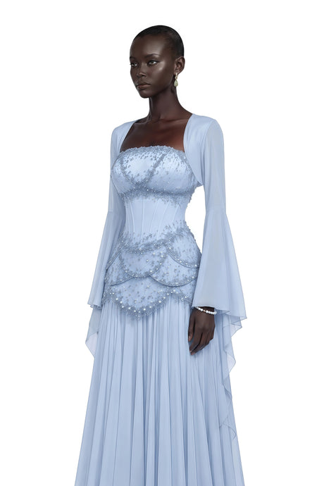 Mckenna Maxi Dress Faux-pearl-embellished Pleated in Light-blue