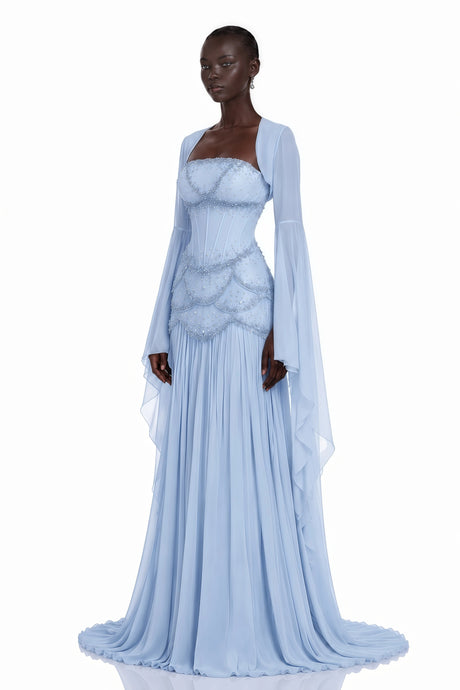Mckenna Maxi Dress Faux-pearl-embellished Pleated in Light-blue