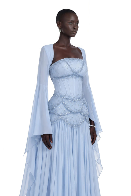 Mckenna Maxi Dress Faux-pearl-embellished Pleated in Light-blue