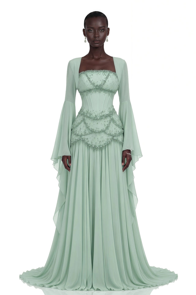 Gaëlle Green Fauxpearlembellished Pleated Maxi Dress