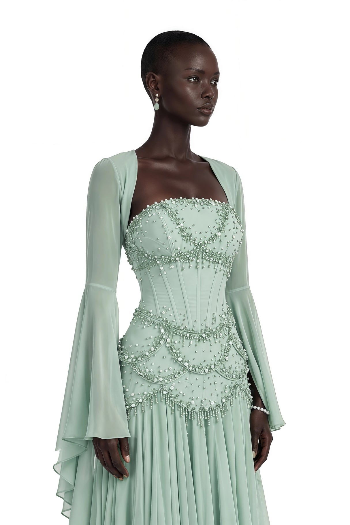 Gaëlle Green Fauxpearlembellished Pleated Maxi Dress