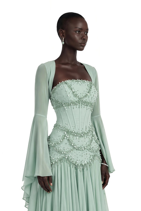 Addison Maxi Dress Green Faux-pearl-embellished Pleated