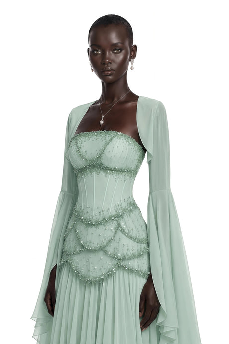 Addison Maxi Dress Green Faux-pearl-embellished Pleated