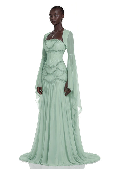 Addison Maxi Dress Green Faux-pearl-embellished Pleated