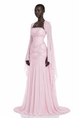 Gaëlle Pink Fauxpearlembellished Pleated Maxi Dress