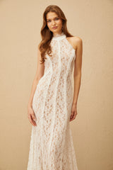 Gaëlle White Train Design Lace Maxi Dress