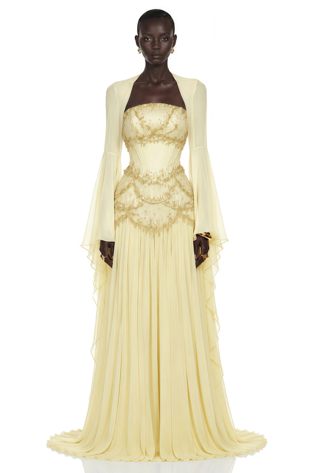 Gaëlle Yellow Fauxpearlembellished Pleated Maxi Dress