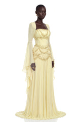 Gaëlle Yellow Fauxpearlembellished Pleated Maxi Dress