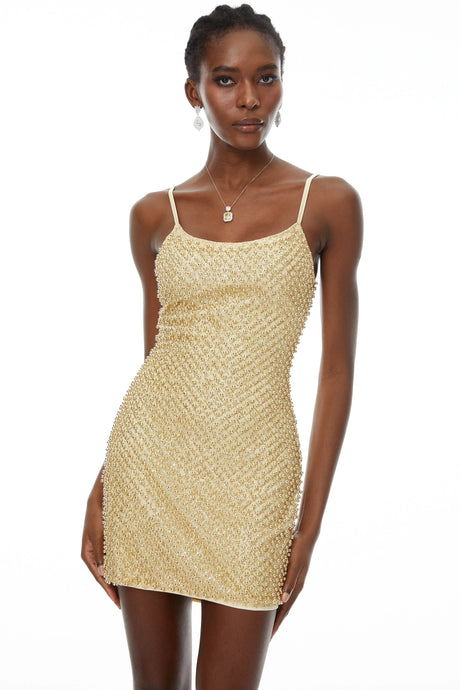 Tersilla Mini Dress Gold Beaded Bodycon