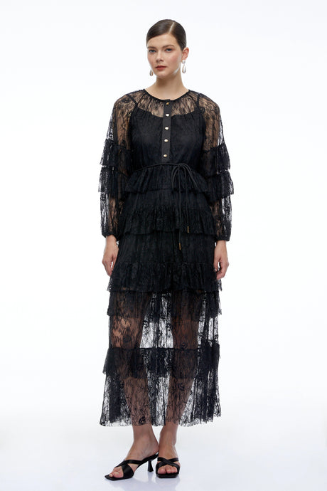 Ruby Maxi Dress Black Tiered Lace Long Sleeves