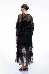 Galatea Black Tiered Lace Long Sleeves Maxi Dress