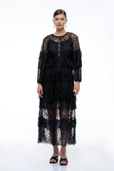 Galatea Black Tiered Lace Long Sleeves Maxi Dress
