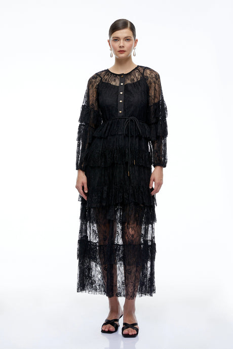 Ruby Maxi Dress Black Tiered Lace Long Sleeves