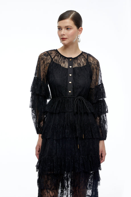 Ruby Maxi Dress Black Tiered Lace Long Sleeves