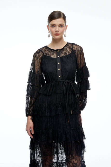 Ruby Maxi Dress Black Tiered Lace Long Sleeves
