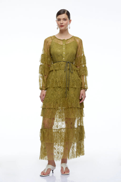 Miriana Maxi Dress Green Tiered Lace Long Sleeves