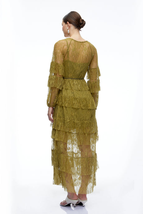 Miriana Maxi Dress Green Tiered Lace Long Sleeves