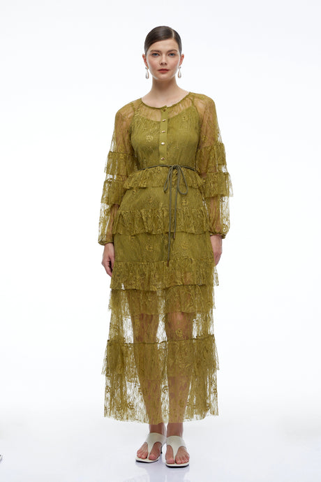 Miriana Maxi Dress Green Tiered Lace Long Sleeves