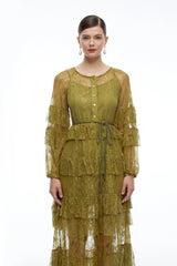 Galatea Green Tiered Lace Long Sleeves Maxi Dress