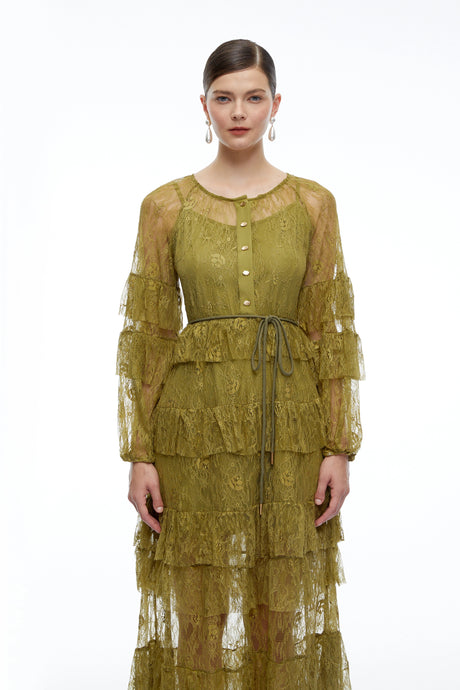 Miriana Maxi Dress Green Tiered Lace Long Sleeves