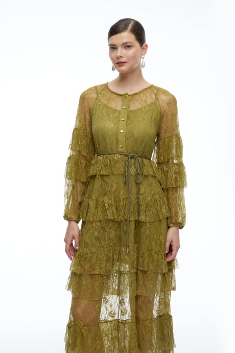 Miriana Maxi Dress Green Tiered Lace Long Sleeves