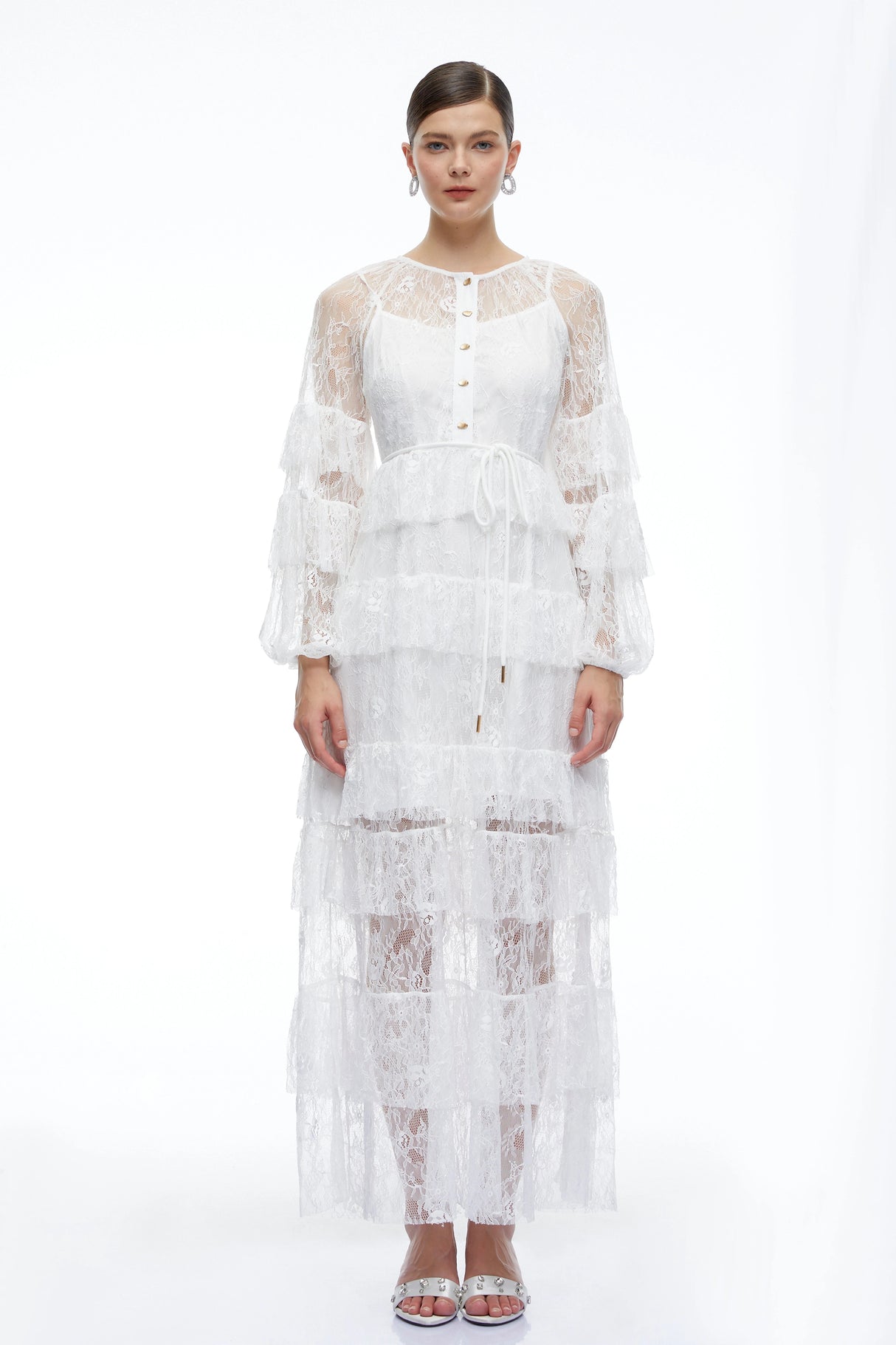 Galatea White Tiered Lace Long Sleeves Maxi Dress