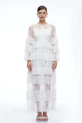Galatea White Tiered Lace Long Sleeves Maxi Dress