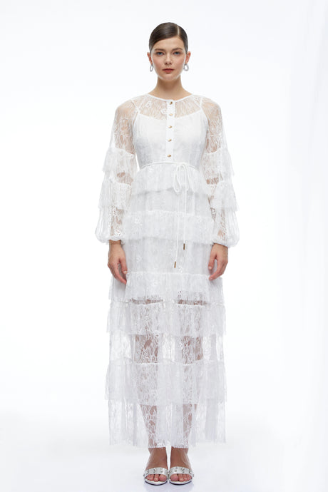 Violetta Maxi Dress White Tiered Lace Long Sleeves