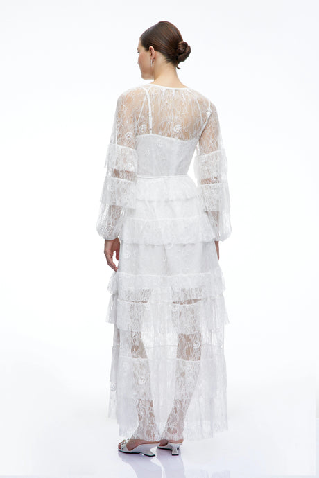 Violetta Maxi Dress White Tiered Lace Long Sleeves