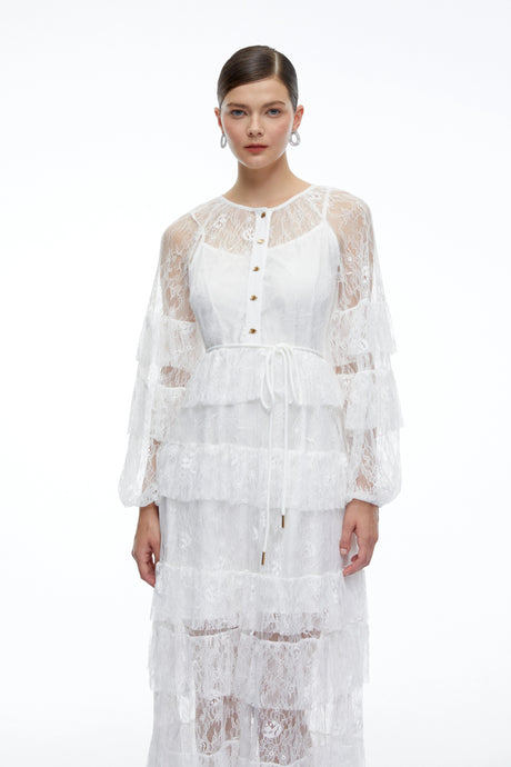 Violetta Maxi Dress White Tiered Lace Long Sleeves