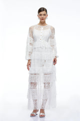 Galatea White Tiered Lace Long Sleeves Maxi Dress