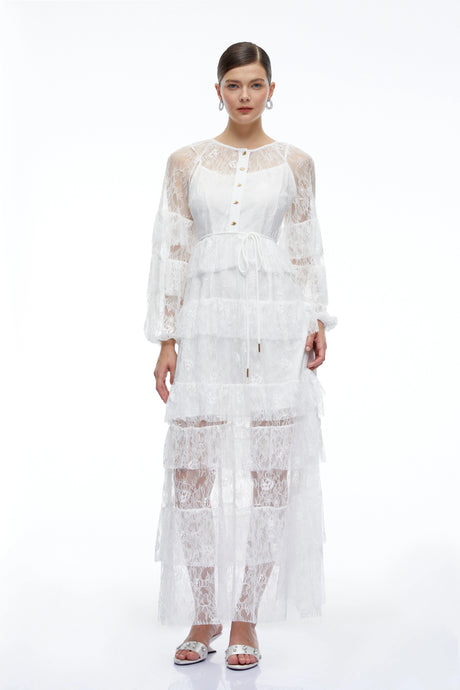Violetta Maxi Dress White Tiered Lace Long Sleeves