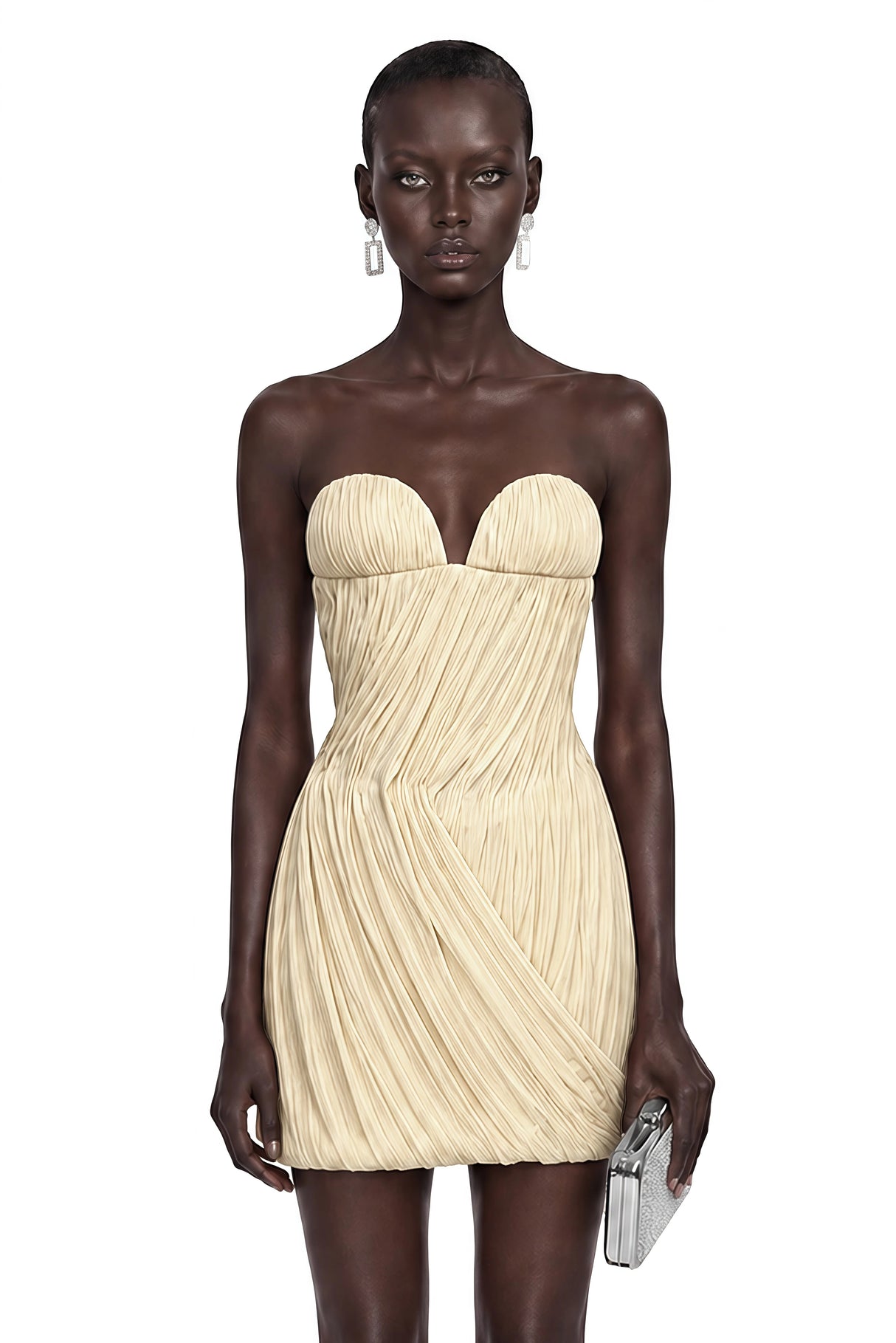 Gamze Champagne Off Shoulder Ruched Mini Dress