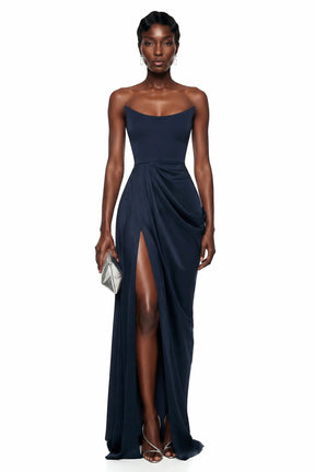 Gamze Navy Blue Draped Maxi Dress with High Slit