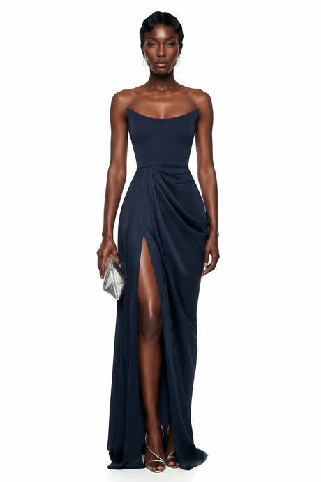 Remi Maxi Dress Navy Blue Draped with High Slit