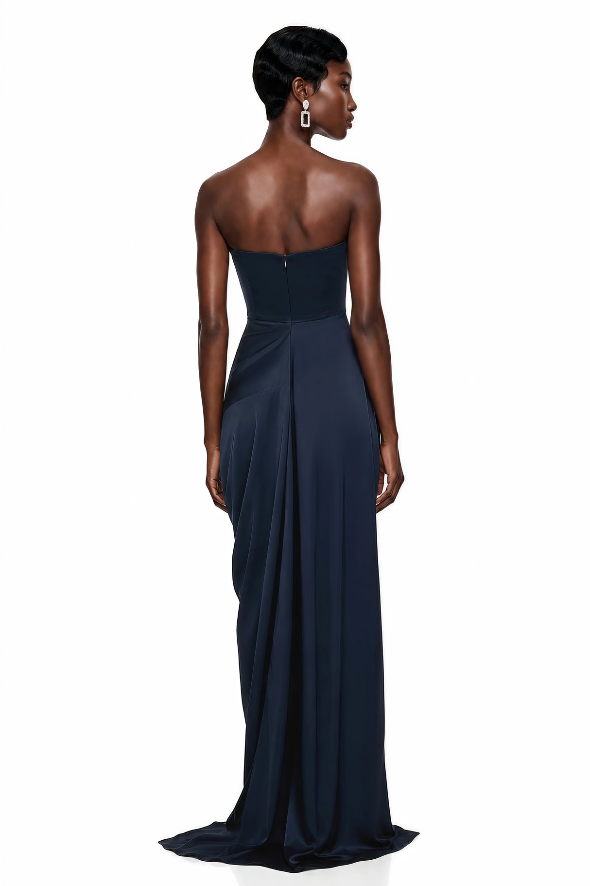 Gamze Navy Blue Draped Maxi Dress with High Slit