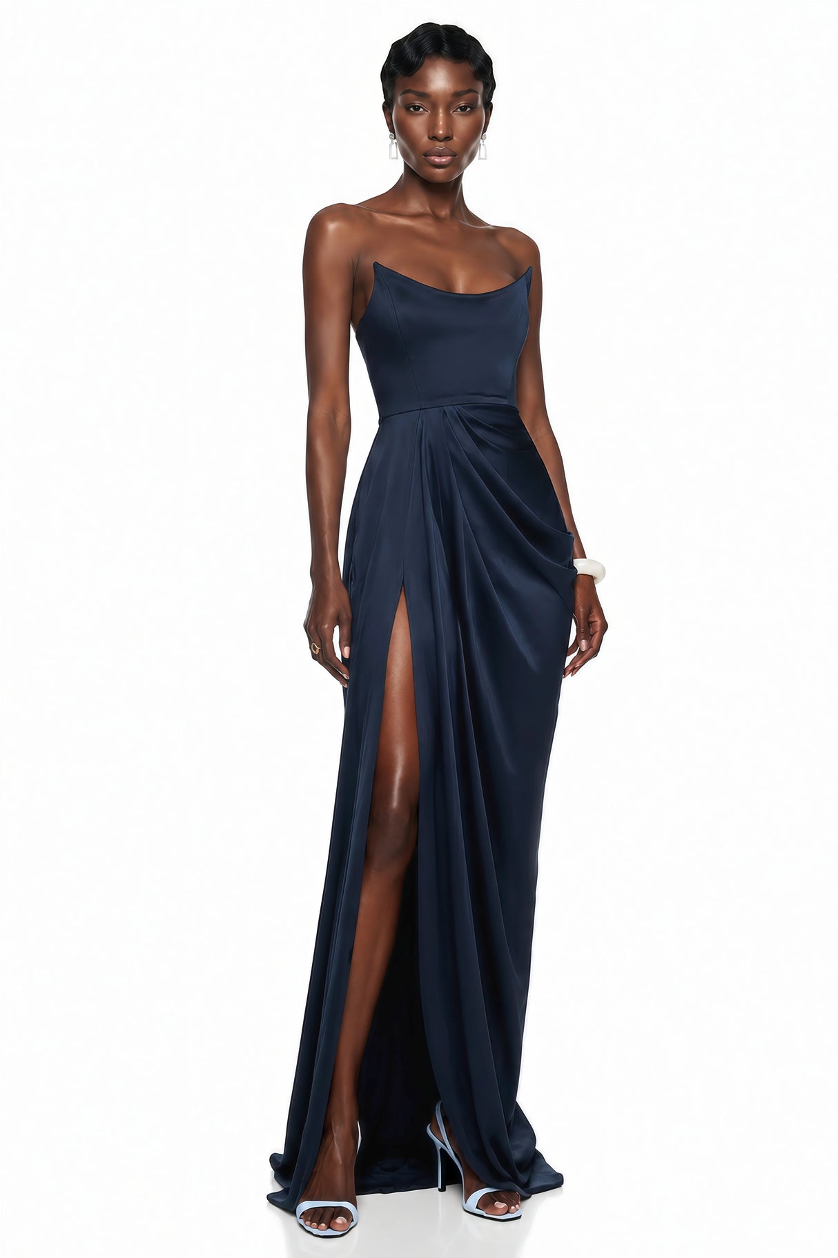 Gamze Navy Blue Draped Maxi Dress with High Slit