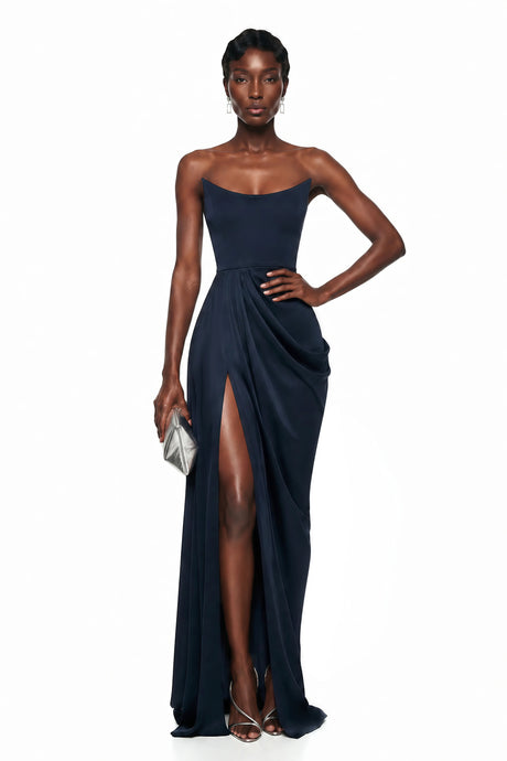 Remi Maxi Dress Navy Blue Draped with High Slit