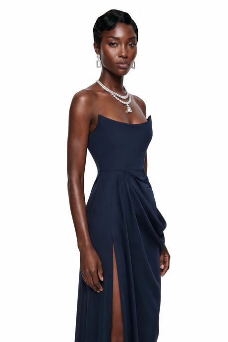 Remi Maxi Dress Navy Blue Draped with High Slit